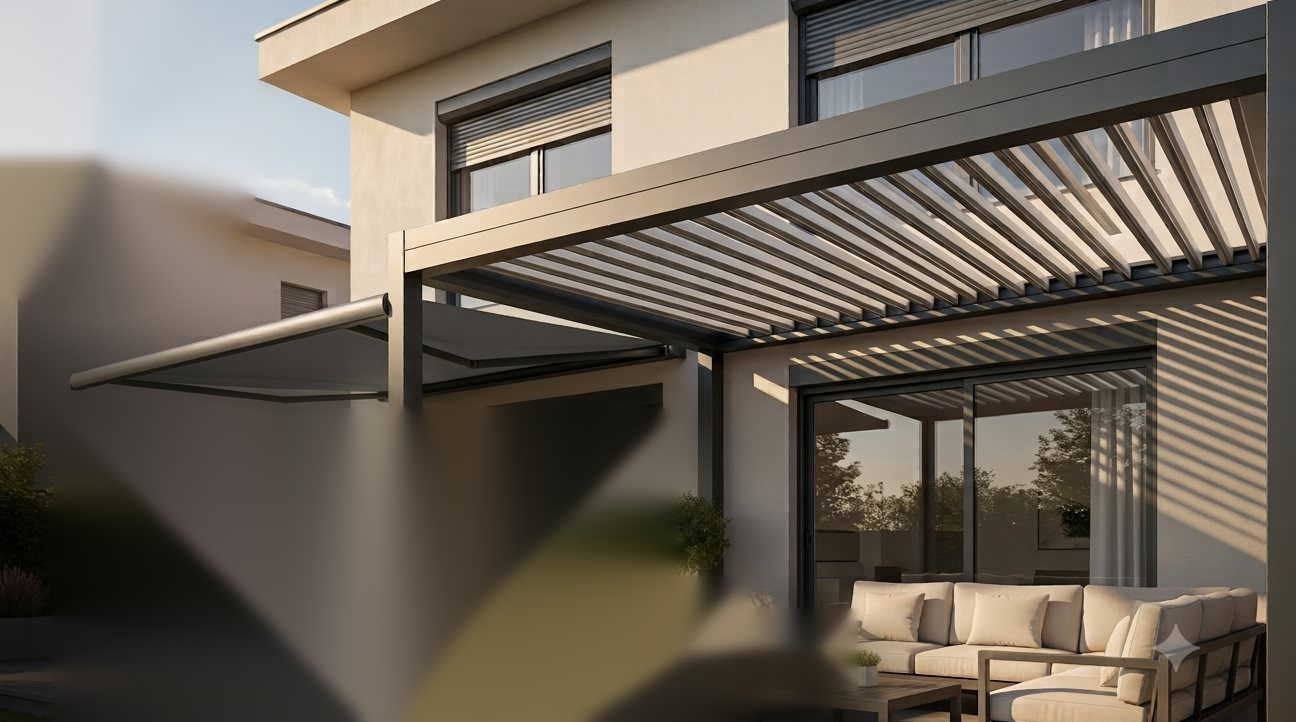 Pergola bioclimatique à lames orientables et store banne posés sur la terrasse d’une maison contemporaine