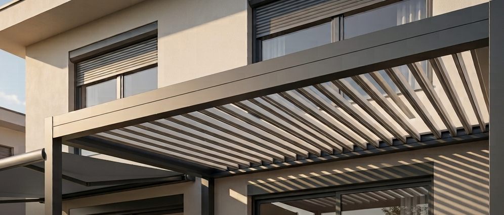 Détail des lames orientables en aluminium d’une pergola bioclimatique
